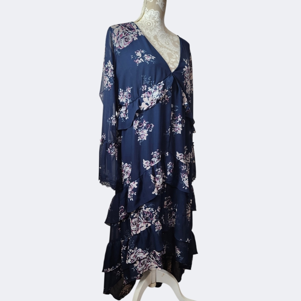XHILARATION Blue Floral Tiered Ruffle Cottagecore Chiffon Dress Hi-Low Hem L